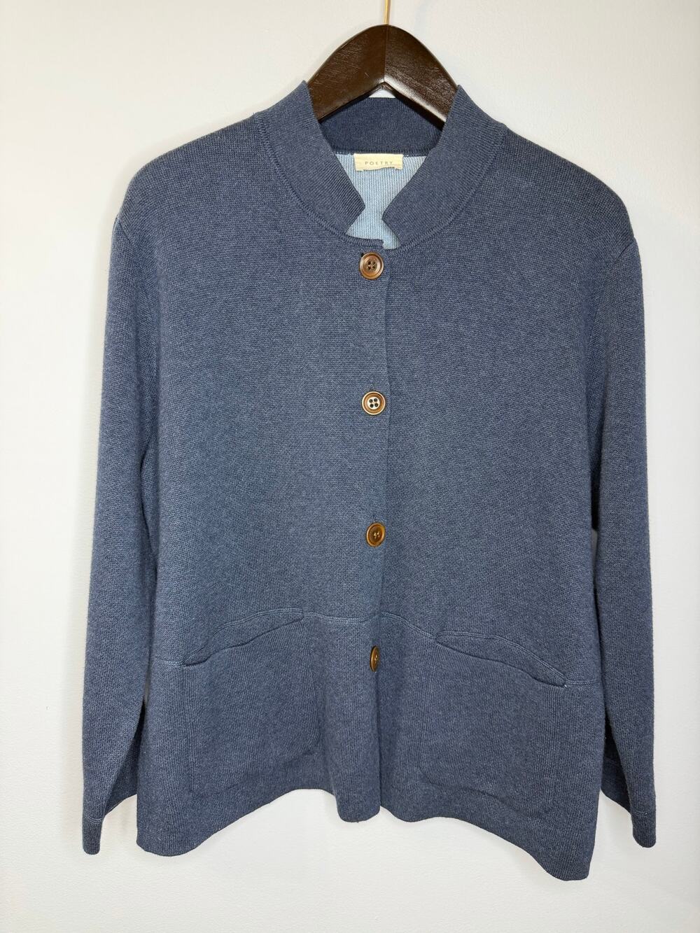 Poetry Button-Front Double Knit Cardigan Jacket Blue Organic Cotton Sz 14